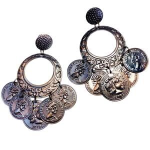 VTG Lightweight Boho Gypsy Coin Chandelier Earrings Antiqued Metal Dangle Hoops